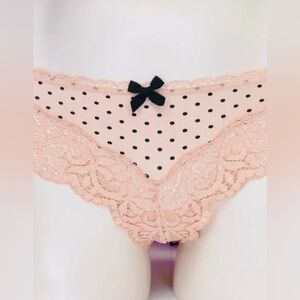 New in Bag VS Peachy Pink Lace Thong with Black Polka Dots + Cotton Lining